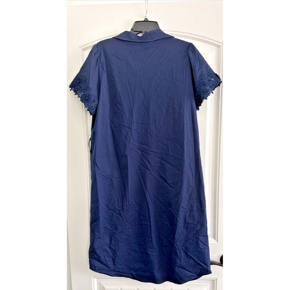 T Tahari Women's Lace-Trim Short-Sleeve Shirt Dress Navy Blue L (MISSING BELT) - Picture 3 of 6